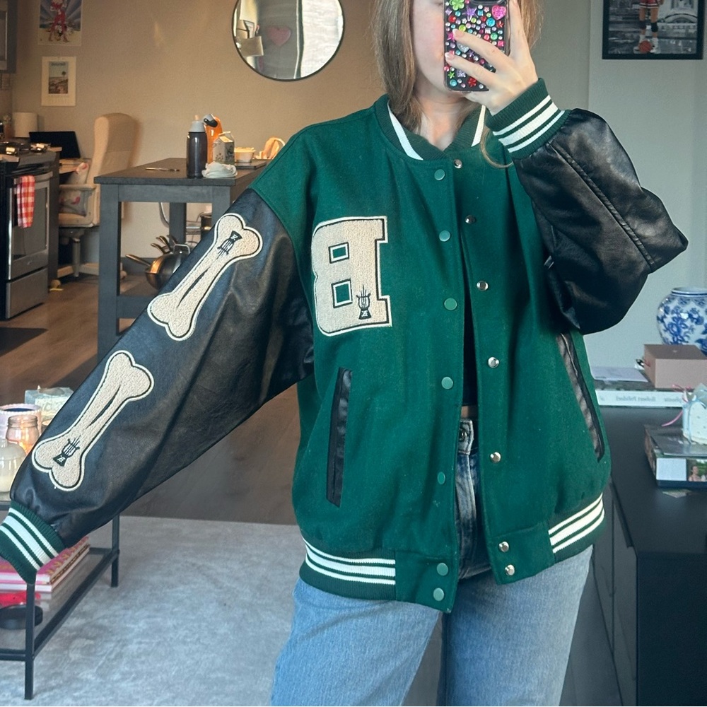 Green and Black Varsity Jacket with Bone Patches - Picture 2 of 4